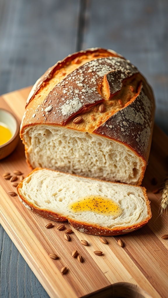 A freshly baked sourdough bread loaf with a crusty exterior and soft interior, displayed on a wooden board.